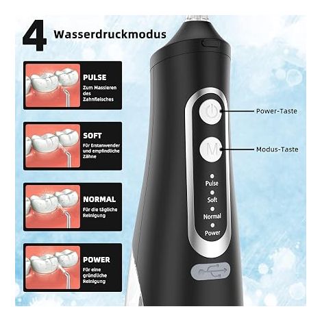 Jet Dentaire Hydropulseur Portable, Sans Fil Rechargeable avec 4 Modes Capacité de 310 ml Étanche Pour Maison et Voyage (Noir) (1/4)