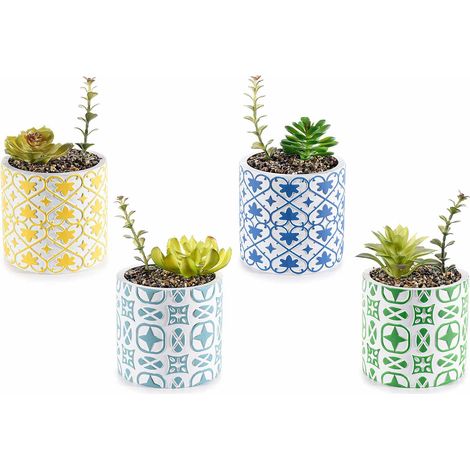 Piante artificiali in vaso cemento con decorazioni maiolica, set da 4 pezzi, Ø 11 cm x 19 H