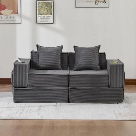 Canapé convertible - KOMHTOM - Canapé convertible 2 places - Pouf rangement latéral - Porte-gobelets - Gris foncé (1/5)