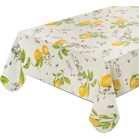 Nappe Cuisine Résistante Aux Taches Bordée Coton Enduite Plastifiée Lavable Style Rustique Motif Citrons - 120x160 Cm
