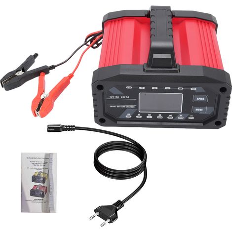 Tragbares 12V/24V-Ladegerät, 15A-Netzteil mit Reparaturmodi für AGM-, Ca-, LiFePO4- und Motorradbatterien, LCD-Bildschirm, kompatibel mit Autos, Motorrädern, LKWs und Booten (EU-Stecker). (1/5)