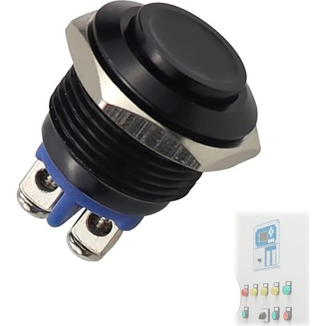 Bouton Poussoir Momentané 16mm IP67 - Interrupteur Étanche en Métal Noir Pour Tableau de Bord et Applications Industrielles (1/5)