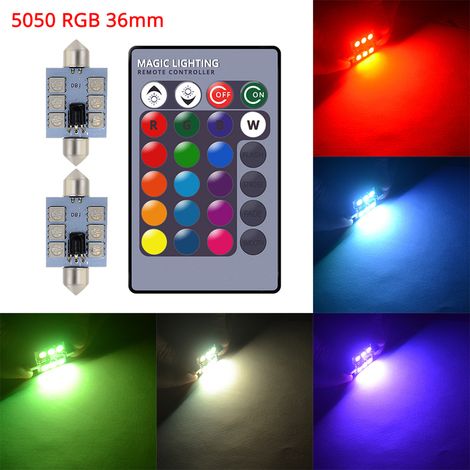 (36 mm) 2 lampes de lecture LED RGB 6SMD pour plafonnier/dôme, ampoule de lecture C5W, télécommande pour voiture, éclairage d'ambiance LED, clignotants, ampoule de coffre, éclairage pour véhicule. (1/5)