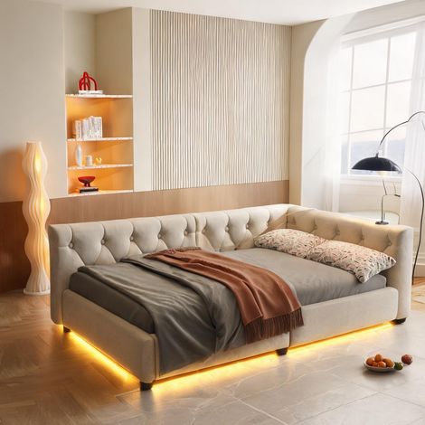 Cadre de lit beige en lin 213 x 103 x 50 cm (1/5)