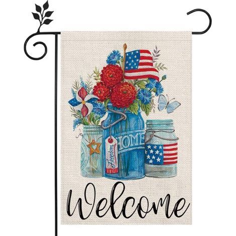 Drapeau de jardin de bienvenue floral patriotique américain avec étoile et bande 12 et fois 18 pouces Double face 4 juillet Jour de l'Indépendance Memorial Day Yard Décor extérieur CF126-12 (1/5)