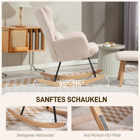 Fauteuil à bascule beige avec repose-pieds, housse en polaire douce, piètement bois, coussin, dossier haut, rocking-chair. (1/5)