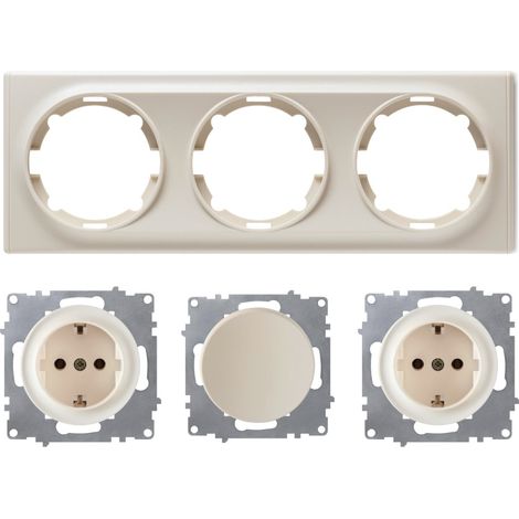 Plaque de finition 3 postes Florence + 2 Prises avec terre + 1 Interrupteur simple - beige