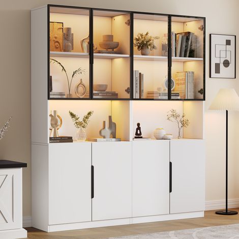 Vitrine épurée contemporaine à portes en verre, spot LED inclus, meuble de présentation pour figurines, intensité et teinte lumineuse ajustables, finition blanche, L30 x H200 x P160 cm (1/5)