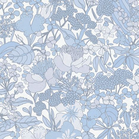 Papier peint fleuri salle de bain bleu Tapisserie bleu fleurie pour chambre enfant Papiers peints intissés motif floral pastel (1/4)