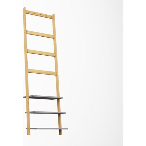 Échelle porte-serviettes en bambou avec 3 étagères, 4 barres et 5 crochets, porte-vêtements sur pied pour salle de bain, chambre et entrée  CHICFURN (1/5)