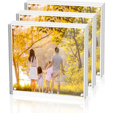 Lot de 3 cadres photo carrés en acrylique - 10 x 10 cm - Pour affichage d'image de 10 x 10 cm ou de 8 x 8 cm - Transparent, double face - Affichage des tickets de bureau (1/5)
