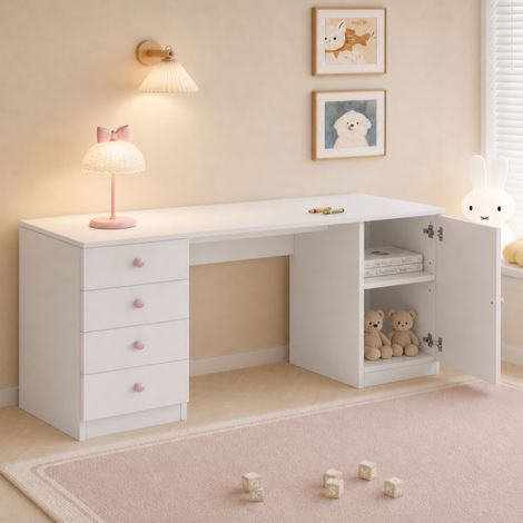 Bureau enfant blanc 4 tiroirs, grilles céramique roses, 155 cm (1/5)