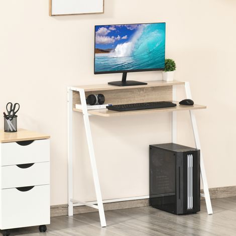 Bureau en MDF avec structure en métal blanc 84 x 45 x 85 cm, compact avec étagère et passe-câbles (1/5)