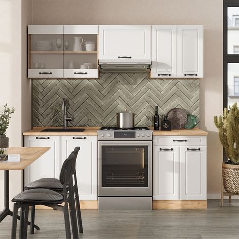 Cucina componibile R-Line, Casa di campagna bianca/Rovere dorato, 200 cm , PL Marmo, Vicco