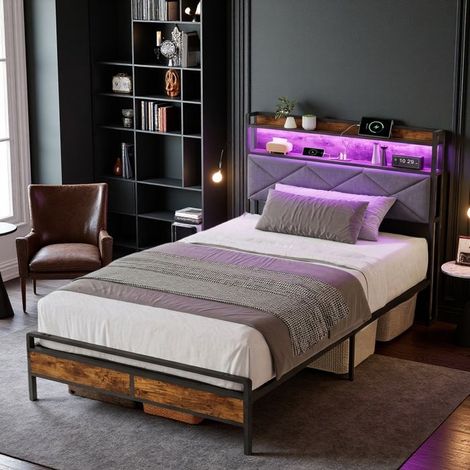 Cama completa 1 plaza - 90x200 cm - Somier incluido - LED RGB y USB/Type-C - Estructura de metal negro y madera oscura (1/5)