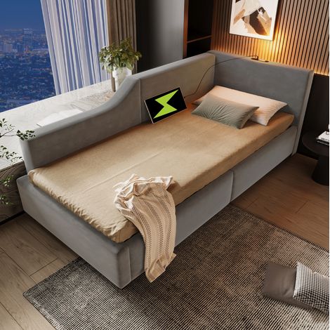 Tagesbett Samt Grau 90x200 cm mit hydraulischem Stauraum, Leselampe und USB-C-Ladefunktion (1/5)