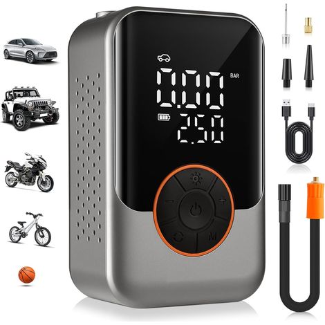 Tragbarer, kabelloser Reifenfüller mit Luftkompressor, 150 PSI Autoreifenpumpe, Mini-Fahrradpumpe mit LED-Licht, Pumpe mit Digitalanzeige, geeignet für Autos, Motorräder, Fahrräder und Roller.