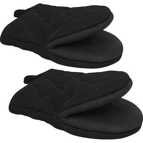 1 par de guantes de cocina antideslizantes, de algodón grueso, resistentes al calor, para barbacoa, repostería y cocina (negros) (1/5)