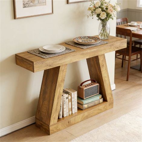 Console de 140 cm de style campagnard avec espace de rangement, table d'appoint rustique pour salon. (1/5)