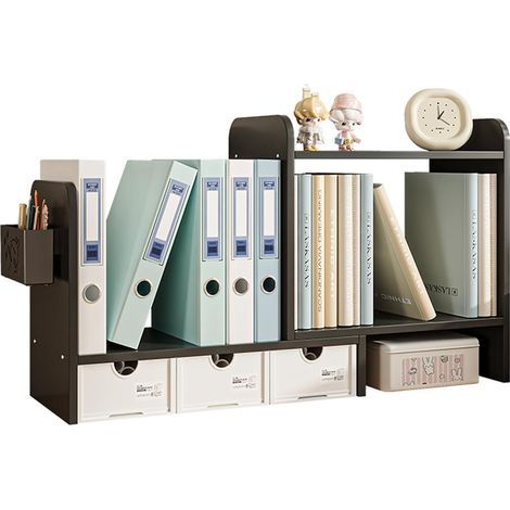 Bibliothèque de bureau extensible avec 3 tiroirs, étagère de présentation de comptoir, fournitures de maison et de bureau (noir) (1/5)