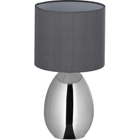 Relaxdays Lampe de chevet tactile, moderne, E14, lumière de table avec abat-jour en tissu, HxD 34,5 x 18 cm, argent/gris