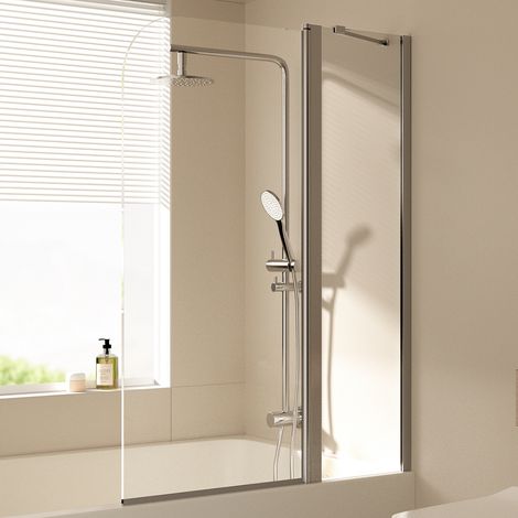 EMKE Badewannenaufsatz schwenkbar mit Festteil 100x140 cm, Duschwand für Badewanne Hebe-Senk-Funktion, 6mm ESG-Glas mit Nano-Beschichtung