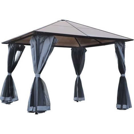 Pergola de jardin 3 x 3 m avec toit en polycarbonate, rideaux et moustiquaire, gris foncé (1/3)