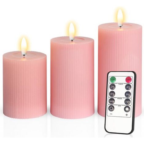 – Lot de 3 bougies piliers LED côtelées – Rose clair – Bougies piliers en cire véritable – Bougies LED – Hauteur : 10 / 12,5 / 15 cm – Avec télécommande – Minuterie 2/4/6/8 heures – Intensité réglable (1/5)