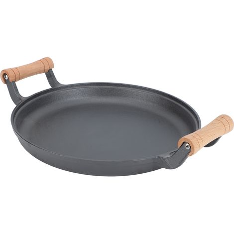 Poêle à griller ronde en fonte avec double poignée en bois, idéale pour faire frire viandes et steaks lors de barbecues (30 cm / 11,81 pouces). (1/5)