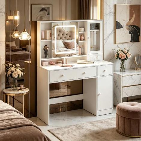 Table de rangement multifonction, coiffeuse avec étagères réglables en hauteur, coiffeuse avec prise électrique (coiffeuse seule) (1/4)