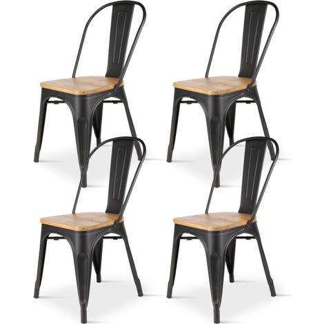 Kosmi – Lot de 4 chaises en métal noir mat – Assise en bois clair – Style industriel – Charge jusqu'à 120 kg – Empilables pour gain de place