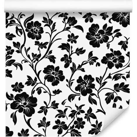 Papier peint à fleurs noires et blanches, graphite, gris et blanc, 50 x 1000 cm (1/5)