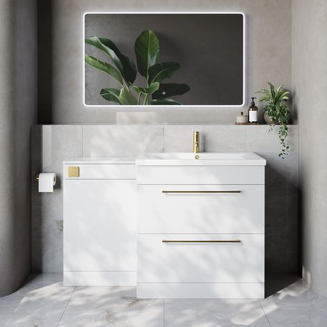 Napoli 460 Gloss White 1300mm 2 Drawer Vanity Unit Toilet Suite with Glide Basin - 1300mm - Brushed Brass 480mm HandleWithout Kingston Toilet Pan