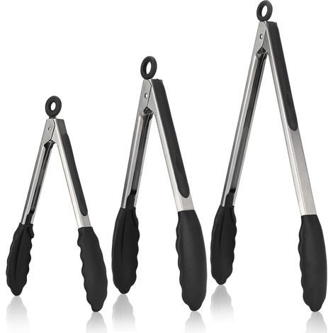 Pince Cuisine Lot de 3 Pinces Barbecue en 18/8 Acier Inoxydable Ustensiles Cuisine avec Poignée Silicone Résistante à La Chaleur 315℃ Pince Buffet Anti-adhé, sans BPA (Noir) (1/4)