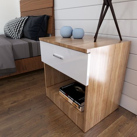 ELEGANT Modern Bedside Cabinet High Gloss Nightstand Table Soft Close Bedside Table with Drawer for Bedroom,Livingroom White/Oak (1/5)