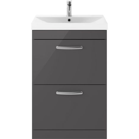 Millwich Contemporary 2 Drawer Floor Standing Vanity Unit with Thin Edge Basin, Gloss Grey, 600mm