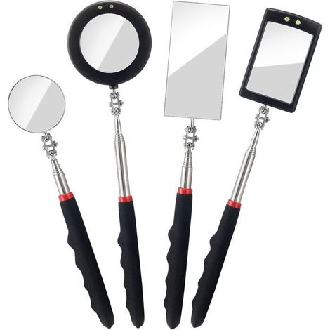 Ensemble de 4 miroirs d'inspection télescopiques avec éclairage LED (télescopique, rectangulaire et rond). (1/5)