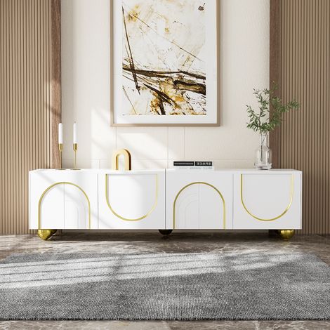 TV Lowboard 170 cm, Fernsehtisch mit 4 Türen im Bogen Design, Ablage, runde Metallbeine Gold, TV Möbel Holz Weiß