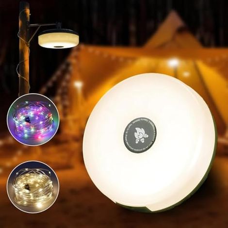 Luci decorative da campeggio portatili ricaricabili 4 in 1, impermeabili, con USB e 8 modalità, lunghe 10 m, ideali per tenda, escursionismo, giardino e decorazioni natalizie.
