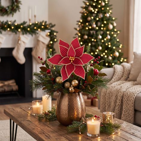 Fiore decorativo natalizio poinsettia in poliestere effetto velluto per decorazione ambienti -Verde (1/4)