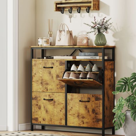 Meuble à chaussures avec 4 tiroirs rabattables, design fin, étagère ouverte, pour 12 à 20 paires de chaussures, acier, marron (1/5)