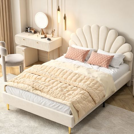 ADWOLT Lit double 140x200 cm -lit adulte capitonné 140x200 cm- tête de lit forme pétale -Lit fille- sommier à lattes - velours - beige