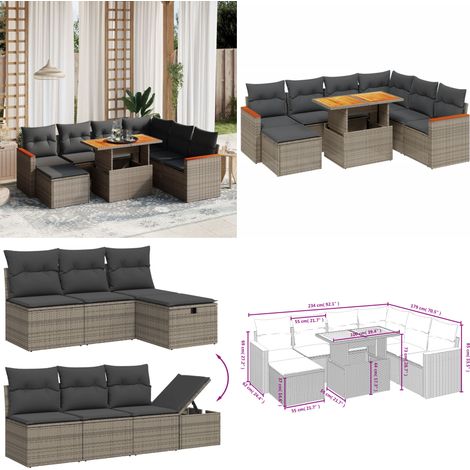 Salon de jardin 8 pcs avec coussins gris résine tressée - Ensemble Salon De Jardin - Mobilier Extérieur - Résine Tressée - Rotin Synthétique - Table Extensible - Home & Living (1/5)