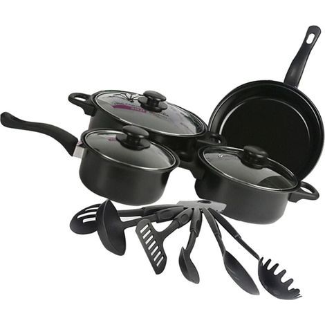Set di pentole antiaderenti da 13 pezzi, adatto a piani cottura a induzione, con padelle, casseruole e pentola capiente, colore nero. (1/4)