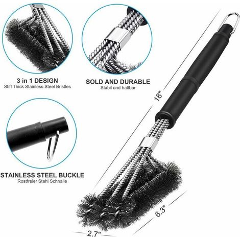 Grill brush, 3-in-1 grill cleaning brush, long handle, stainless steel bristles for quick and effective cleaning of all grills