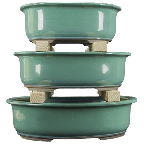 Vasi per bonsai Giapponesi Morrisan ovali in gres smaltati verde (Set da n.3 pezzi) - B21-28