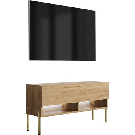 Meuble TV : Chêne Craft, pieds droits dorés, LED blanche, 100 × 32 × 52 cm (1/5)