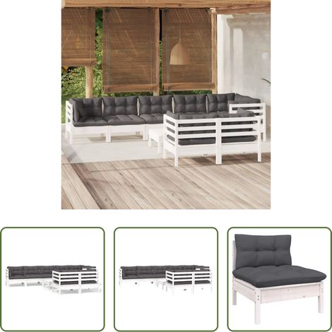 Gartenmöbel - 9-tlg. Garten-Lounge-Set mit Kissen Weiß Kiefer Massivholz (1/5)