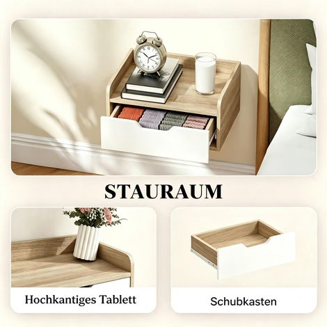 Lot de 2 tables de nuit suspendues avec rangement, étagère murale à bords relevés, chevet design avec tiroir, bois robuste, finition naturelle, 40x30x15 cm, idéal chambre moderne (1/5)