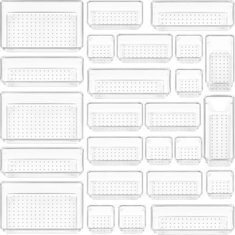 25 Organisateurs de Tiroir – 4 Tailles, Rangement Tiroir en Plastique Transparent – Parfait pour Salle de Bain, Coiffeuse, Bureau, Cuisine, Outils et Maquillage (1/5)